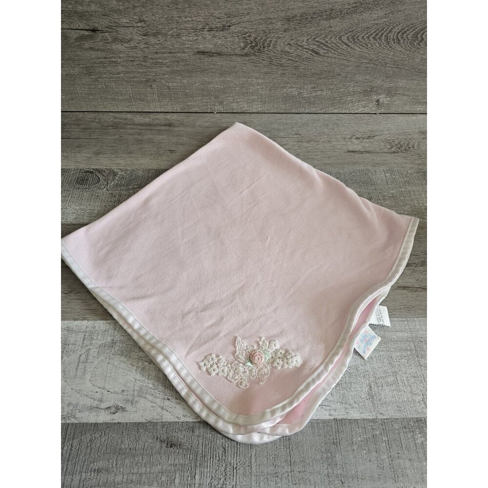 Vintage First Moments Infant Blanket Pink Lace Detail Flower